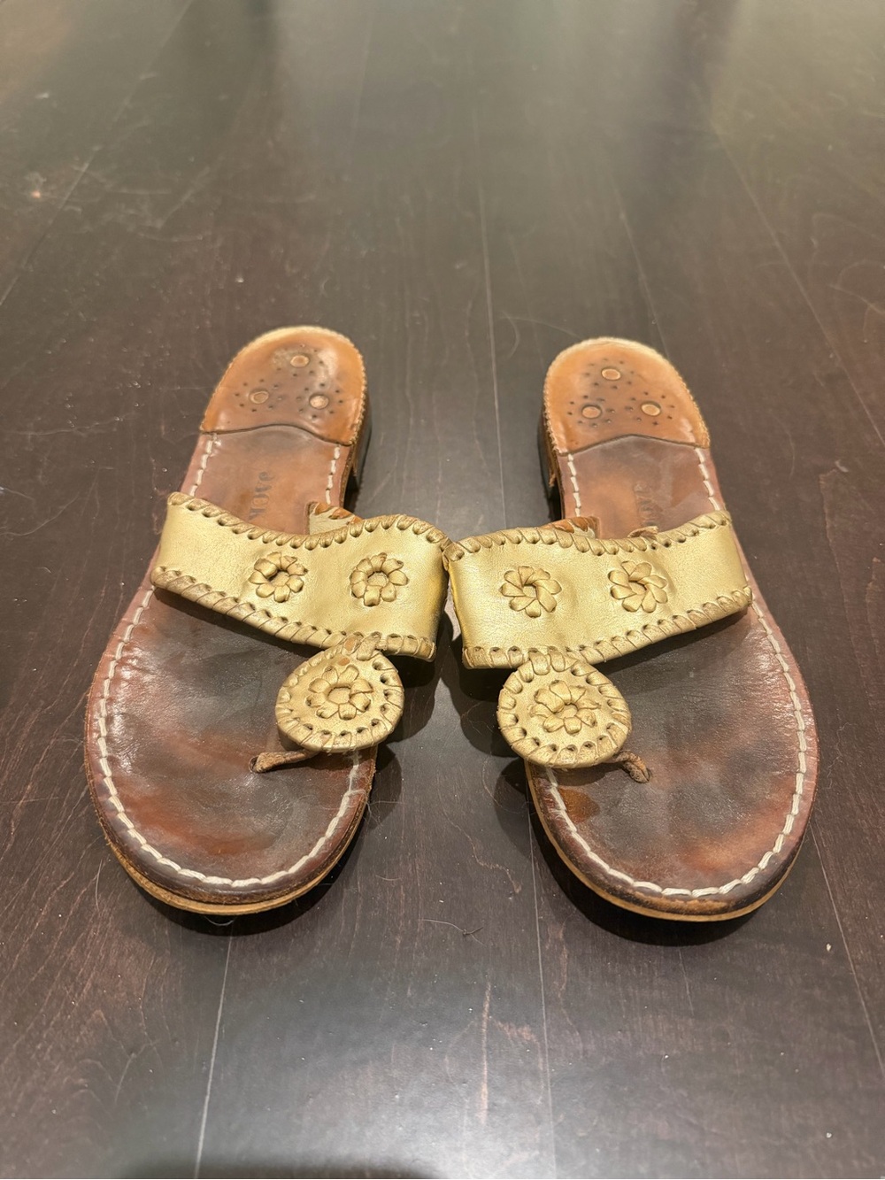 Jack Rogers Gold Leather Floral Thong Sandals